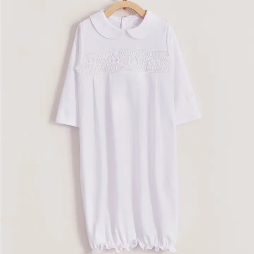 Babycottons White and Gray Baby Smocked Gown with Peter Pan Collar